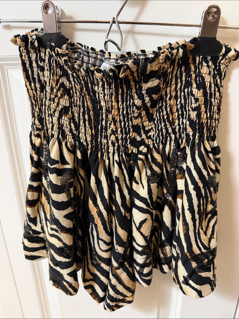 QUEEN OF SPARKLES Black, Cream & Tan Smocked Zebra Print shorts